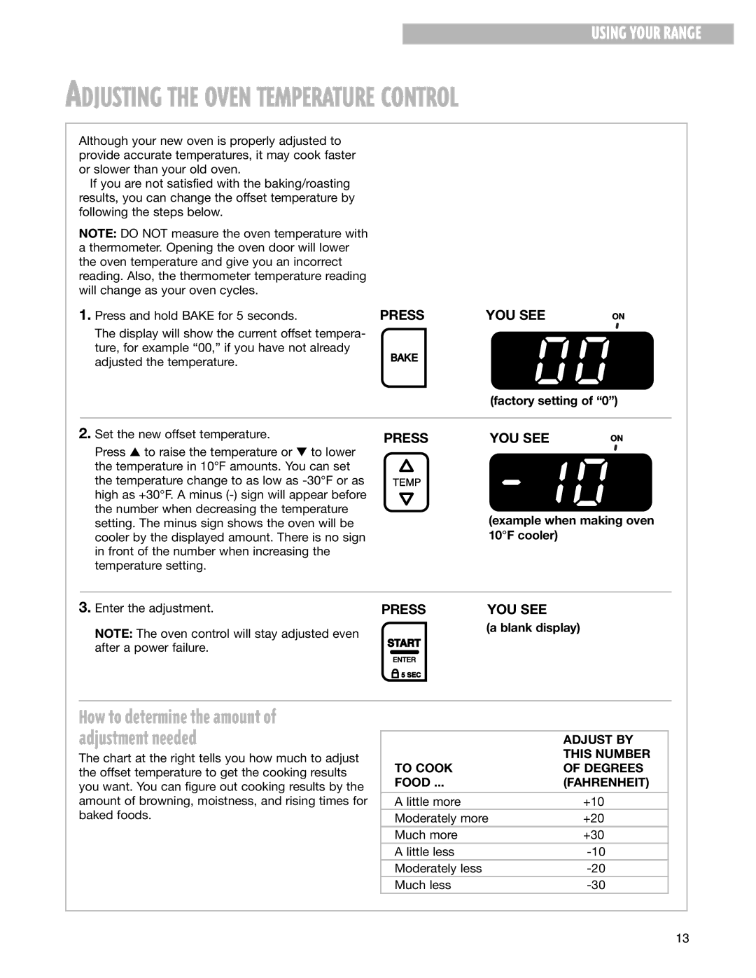 Whirlpool SF350BEG warranty Adjust by, This Number, To Cook Degrees, Fahrenheit 