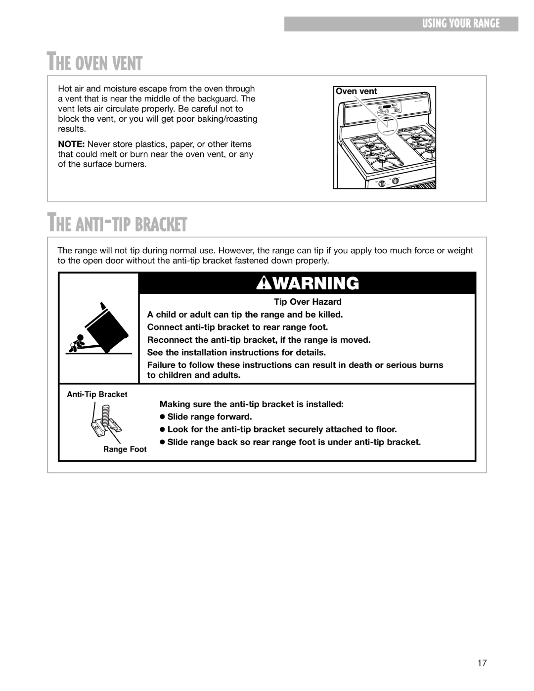 Whirlpool SF350BEG warranty Oven Vent, ANTI-TIP Bracket 