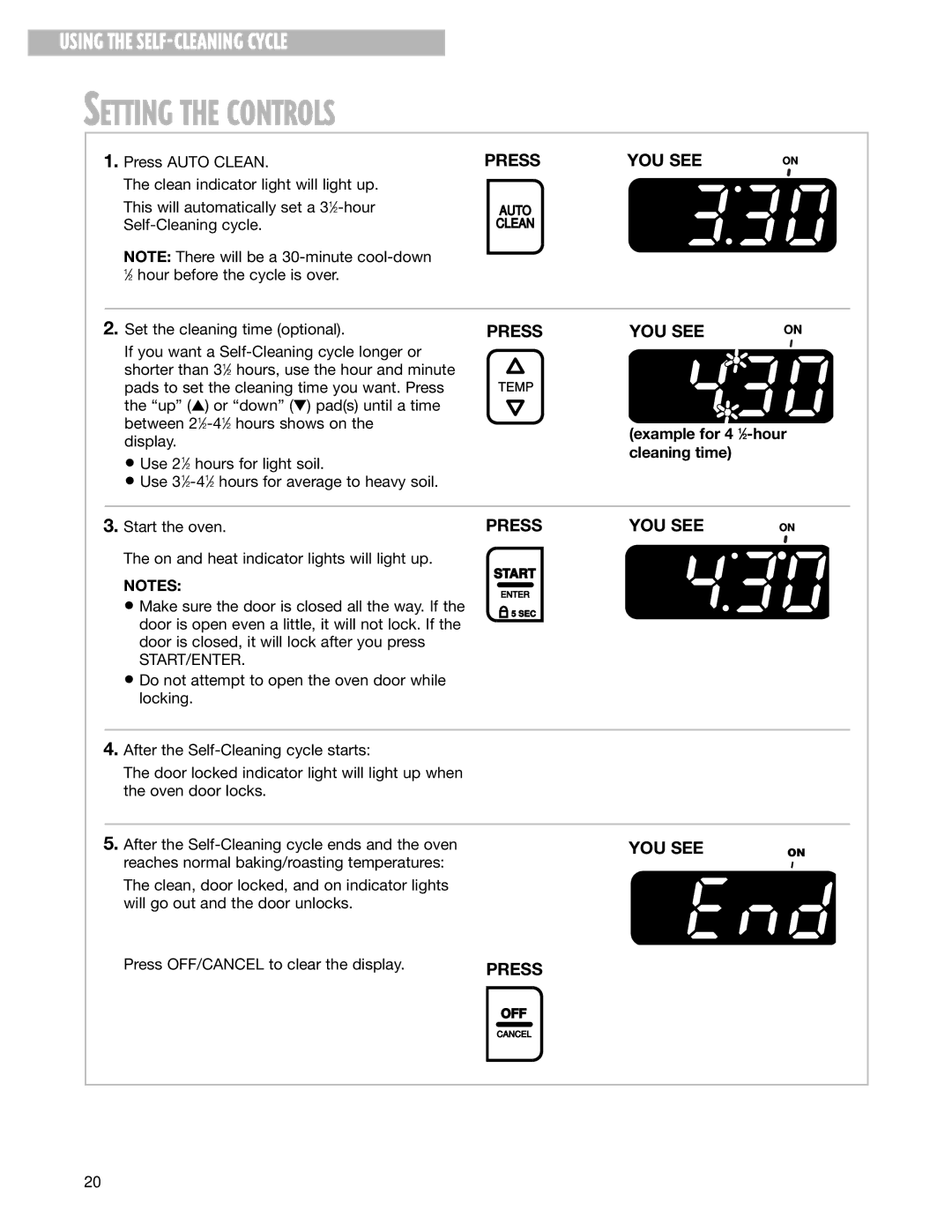 Whirlpool SF350BEG warranty Setting the Controls, Cleaning time, Press OFF/CANCEL to clear the display 