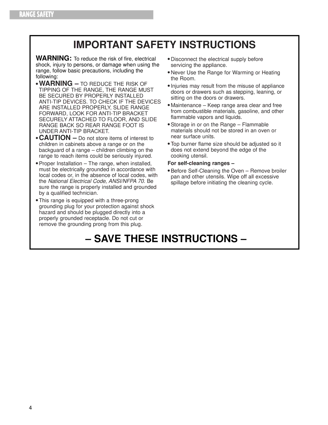 Whirlpool SF350BEG warranty Important Safety Instructions, For self-cleaning ranges 