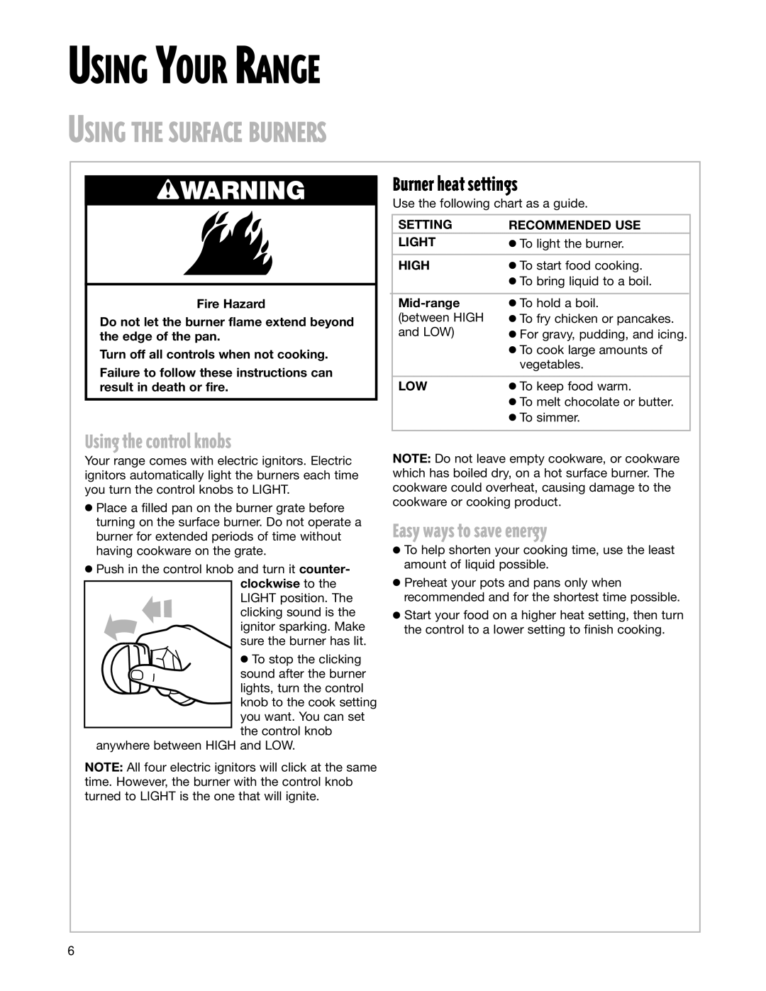 Whirlpool SF350BEG warranty Using Your Range, Using the Surface Burners, Using the control knobs, Easy ways to save energy 
