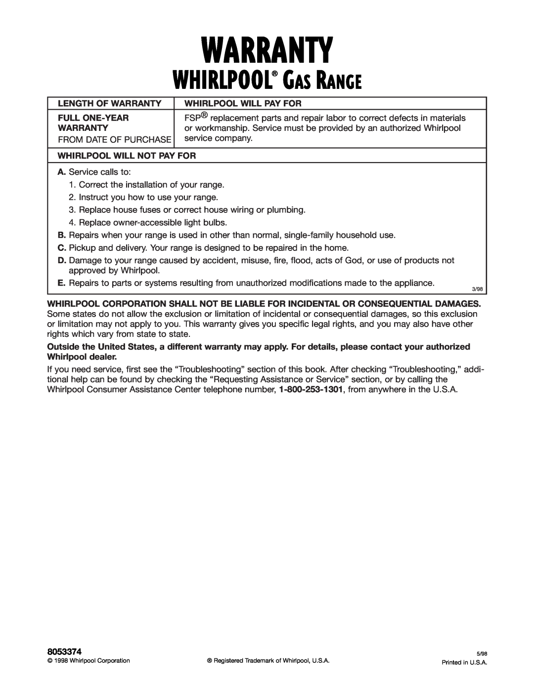 Whirlpool SF350BEG warranty Warranty, Whirlpool Gas Range 