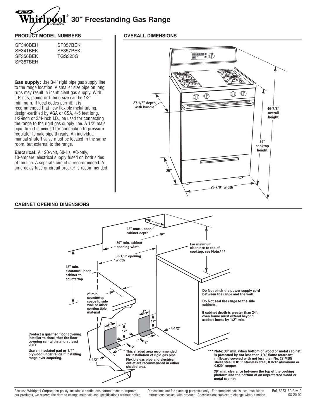 Whirlpool SF357BEK dimensions Freestanding Gas Range, Product Model Numbers, Overall Dimensions 