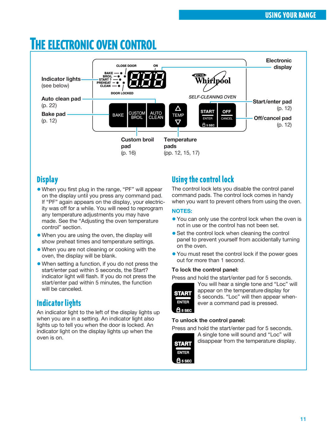 Whirlpool SF360BEE, SF360PEE warranty Electronic Oven Control, Display, Indicator lights, Using the control lock 