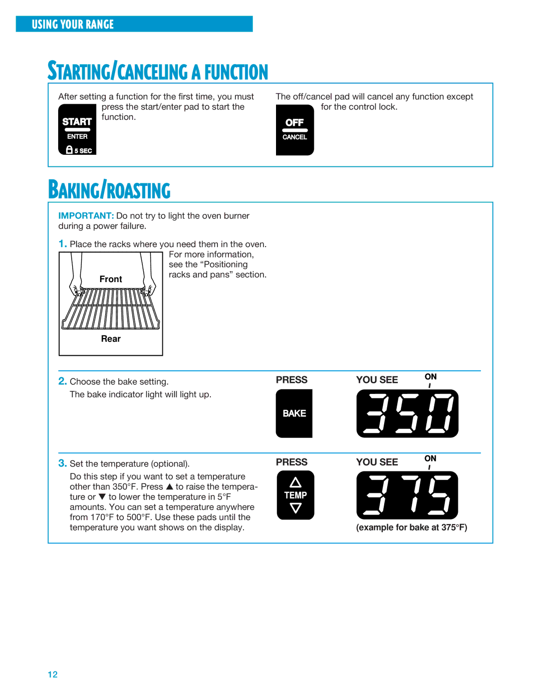 Whirlpool SF360PEE, SF360BEE warranty STARTING/CANCELING a Function, Baking/Roasting 