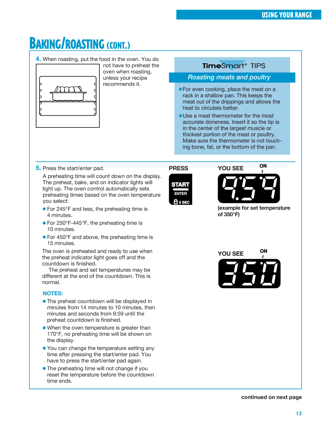 Whirlpool SF360BEE, SF360PEE warranty Roasting meats and poultry, Example for set temperature of 350F 