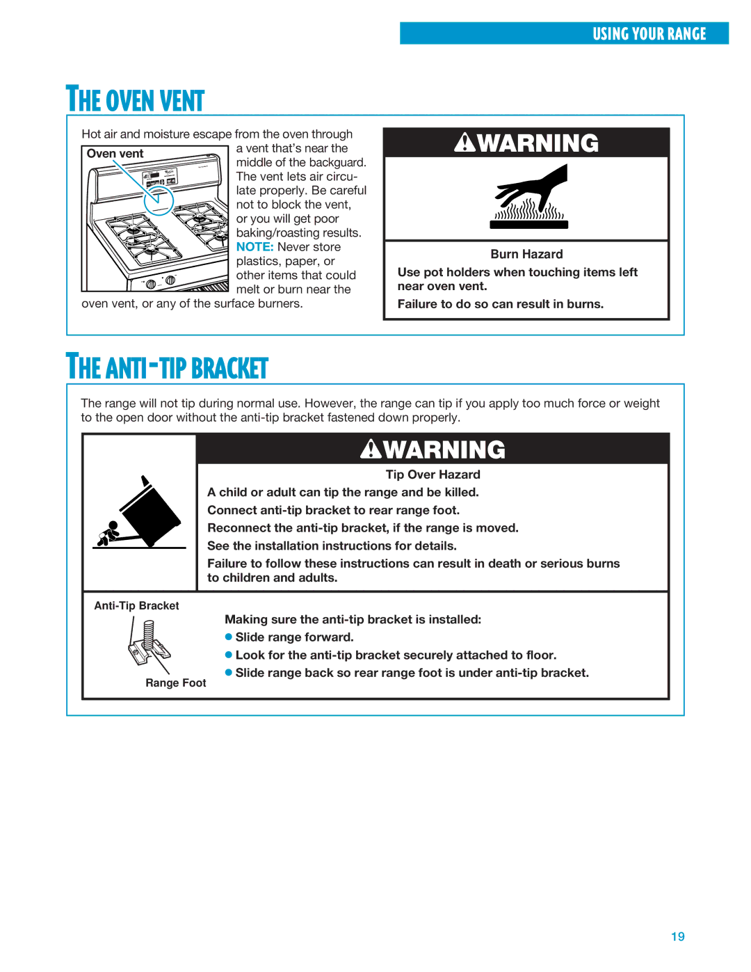 Whirlpool SF360BEE, SF360PEE warranty Oven Vent, ANTI-TIP Bracket 