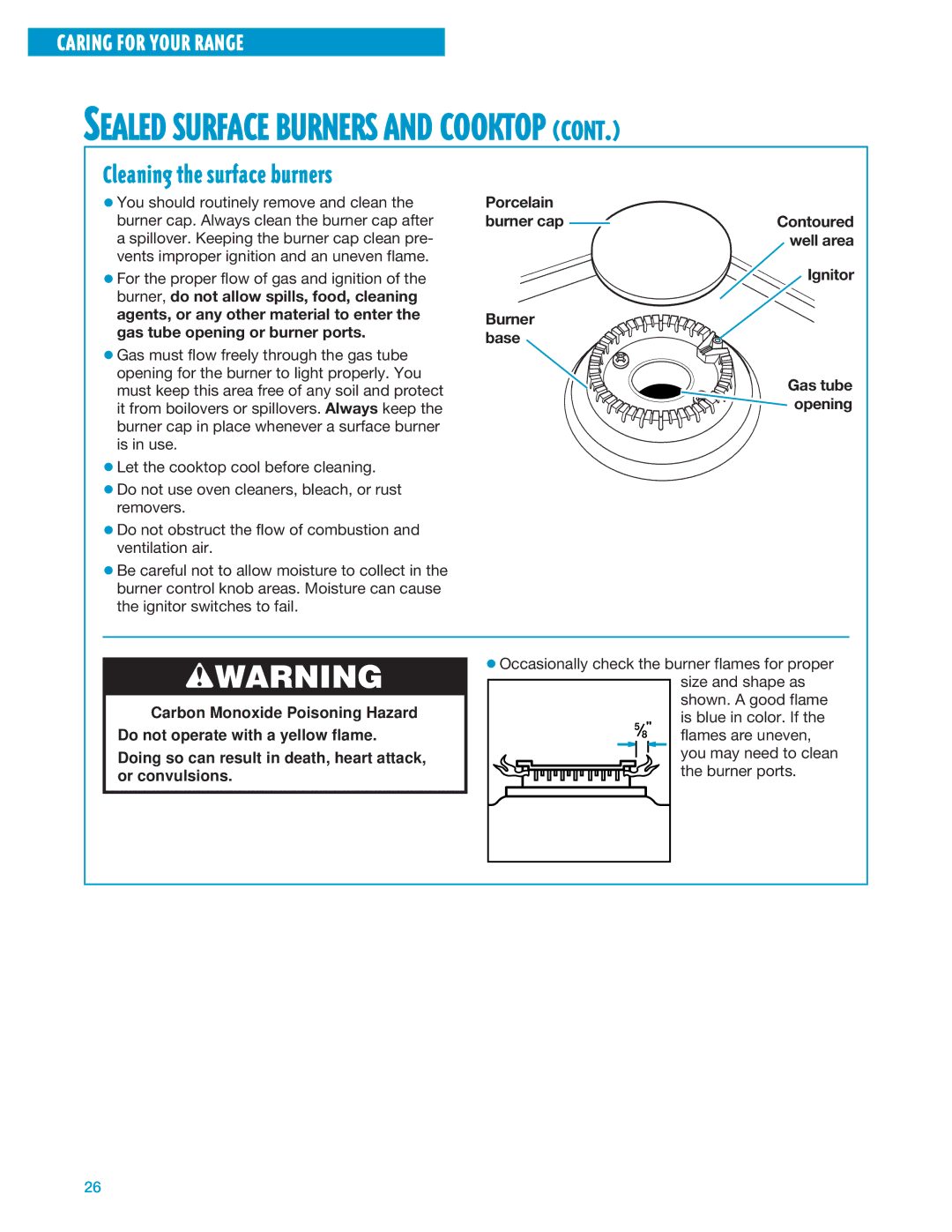 Whirlpool SF360PEE, SF360BEE warranty Cleaning the surface burners, Porcelain, Contoured well area, Gas tube, Opening 