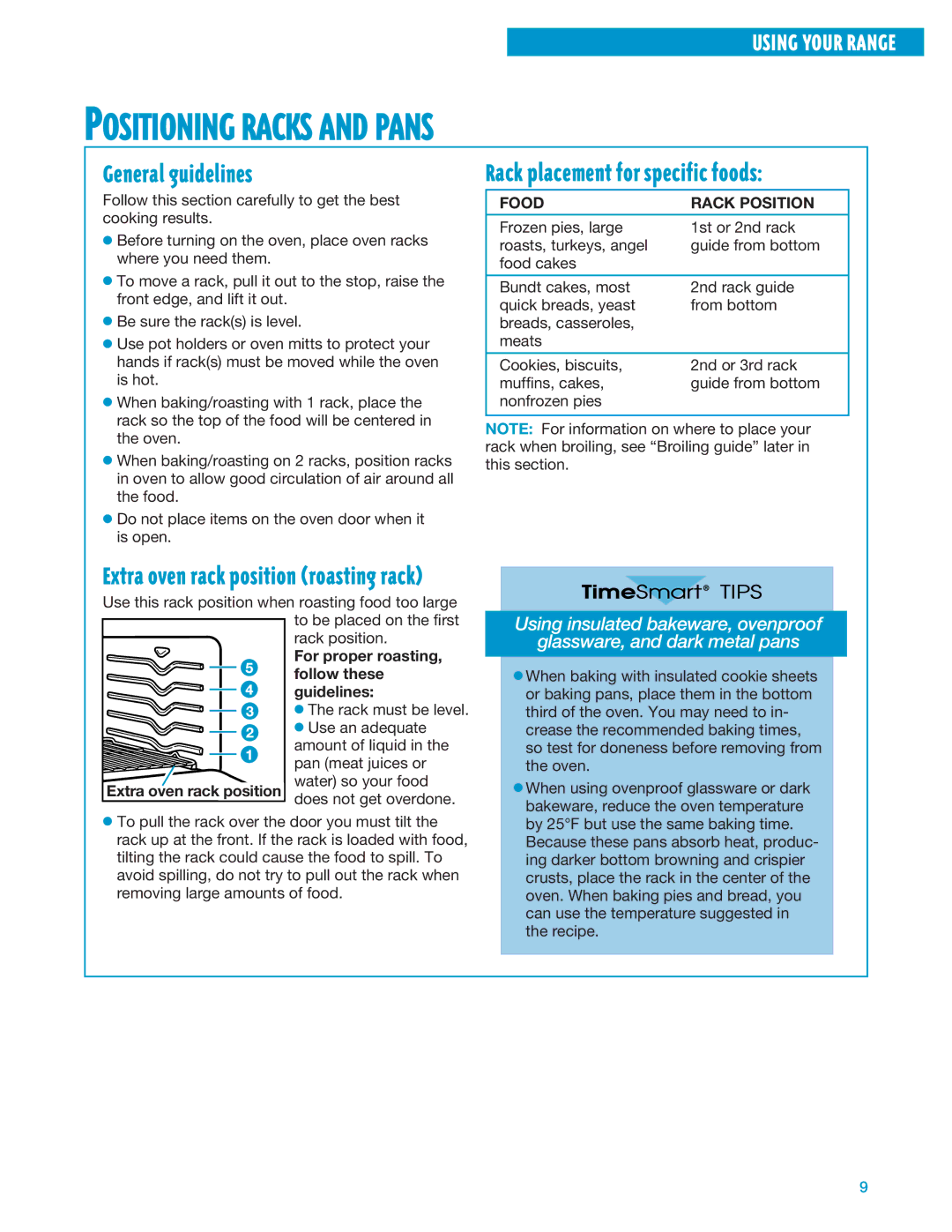 Whirlpool SF360BEE Positioning Racks and Pans, General guidelines, Rack placement for specific foods, Food Rack Position 