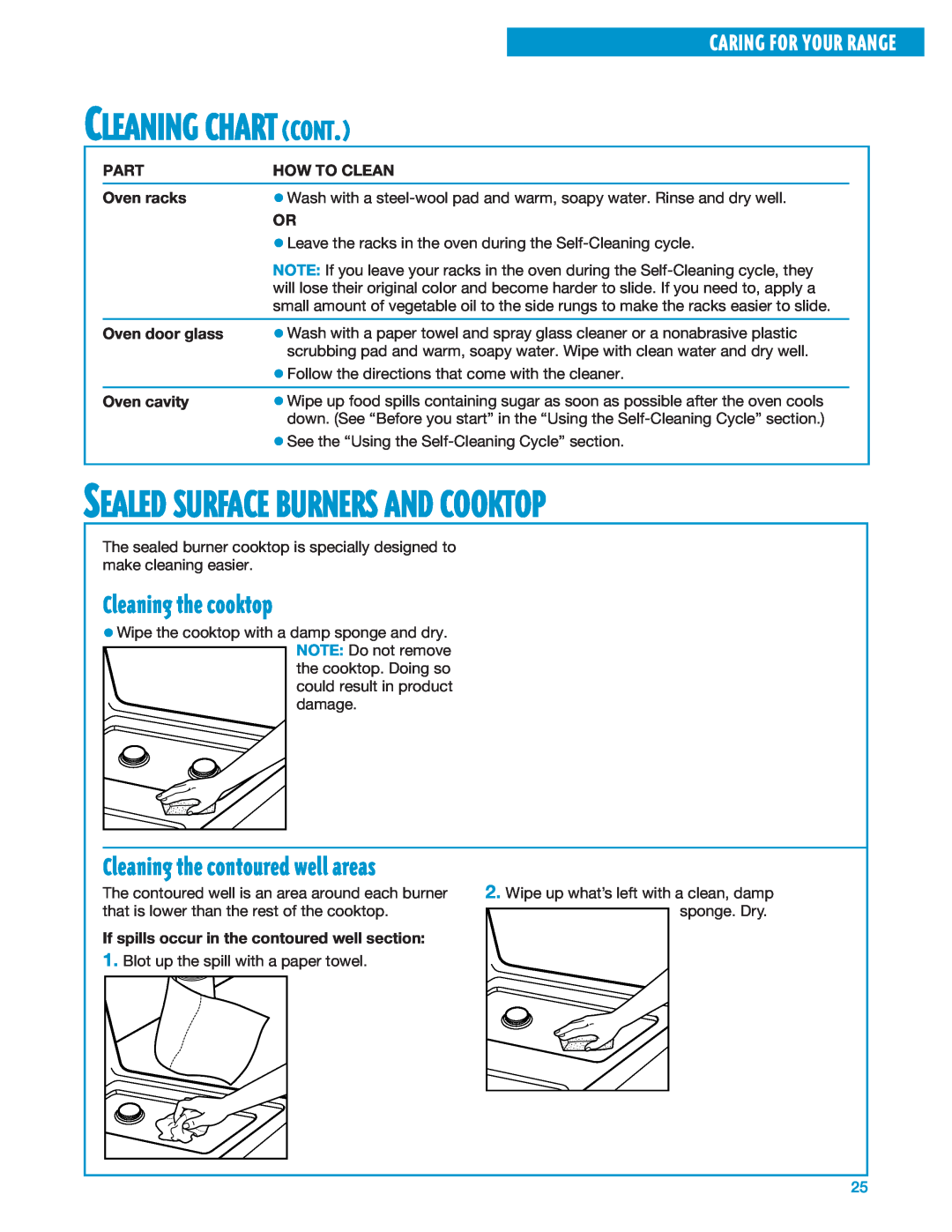 Whirlpool SF360BEE Cleaning Chart Cont, Sealed Surface Burners And Cooktop, Cleaning the cooktop, Caring For Your Range 