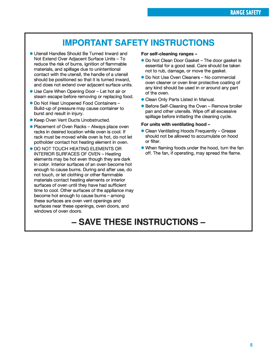 Whirlpool SF360BEE, SF360PEE Important Safety Instructions, Save These Instructions, Range Safety, For self-cleaningranges 
