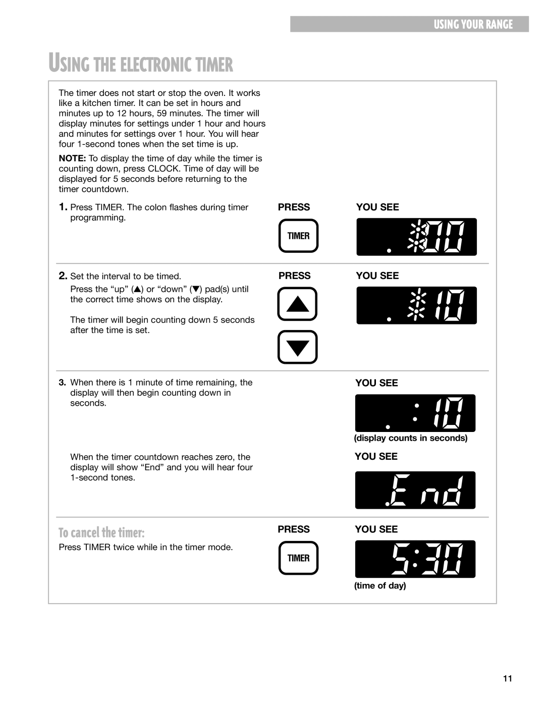 Whirlpool SF362BEG warranty Using the Electronic Timer, To cancel the timer 