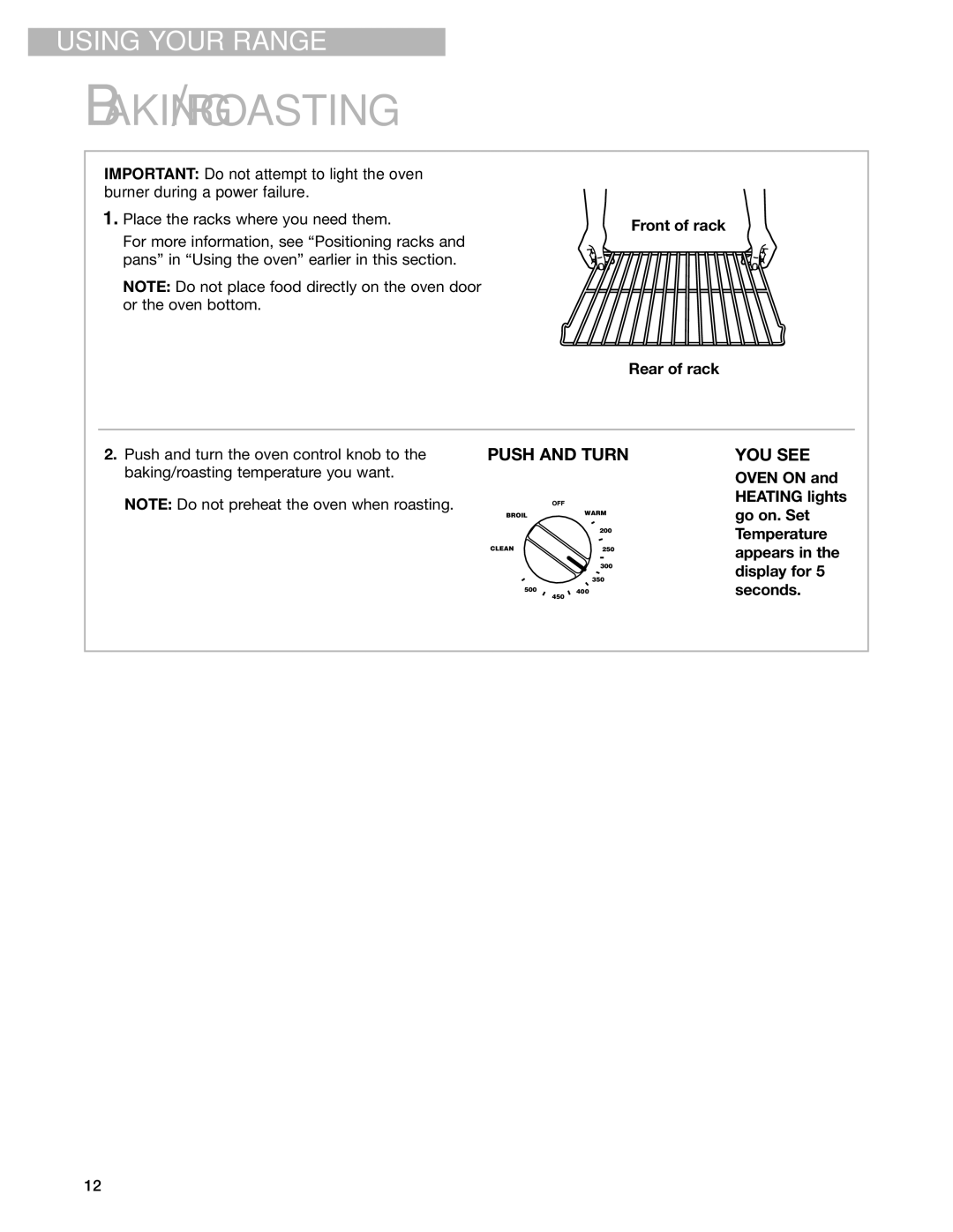 Whirlpool SF362BEG Baking/roasting temperature you want Oven on Heating lights, Go on. Set, Temperature, Appears, Seconds 