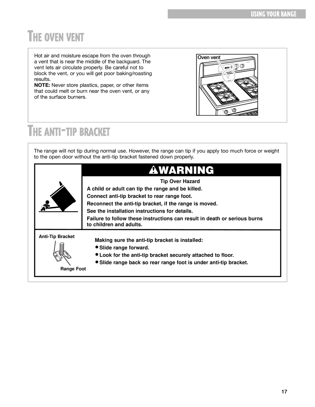 Whirlpool SF362BEG warranty Oven Vent, ANTI-TIP Bracket 