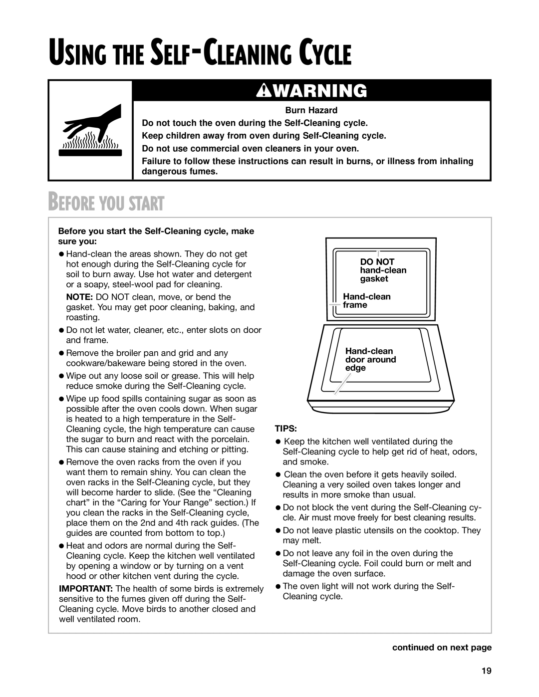 Whirlpool SF362BEG warranty Before YOU Start, Before you start the Self-Cleaning cycle, make sure you, Tips 