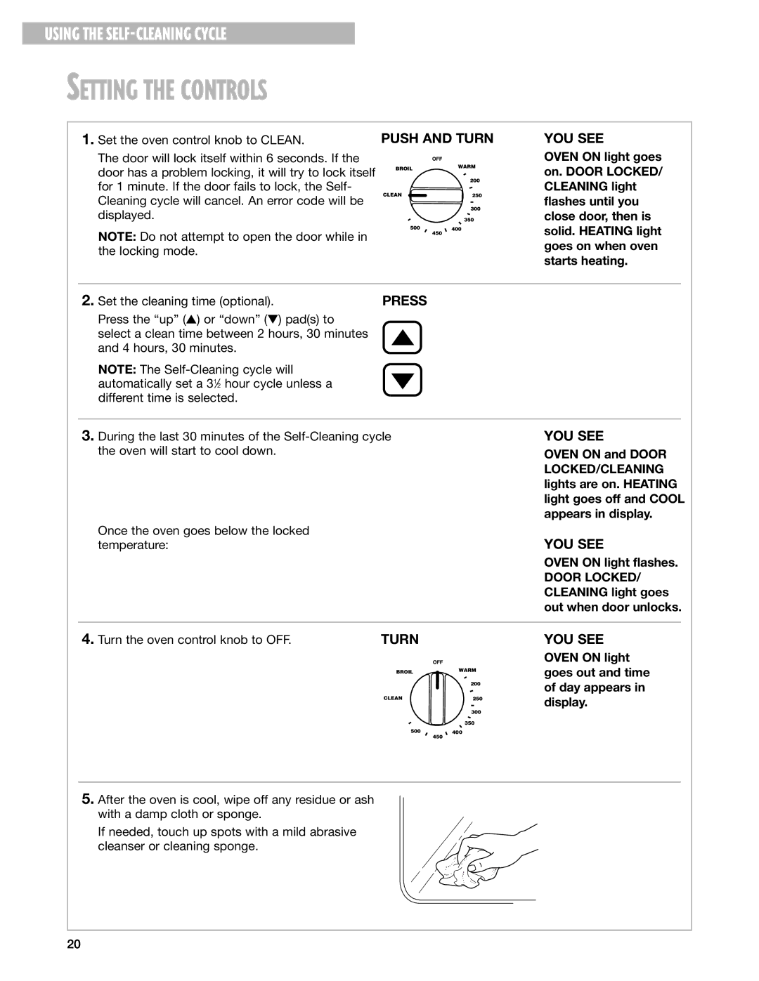 Whirlpool SF362BEG warranty Setting the Controls, Locked/Cleaning 