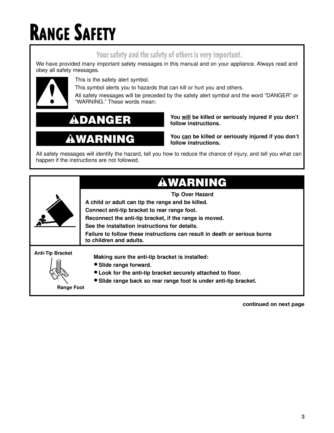 Whirlpool SF362BEG warranty Range Safety, On next 