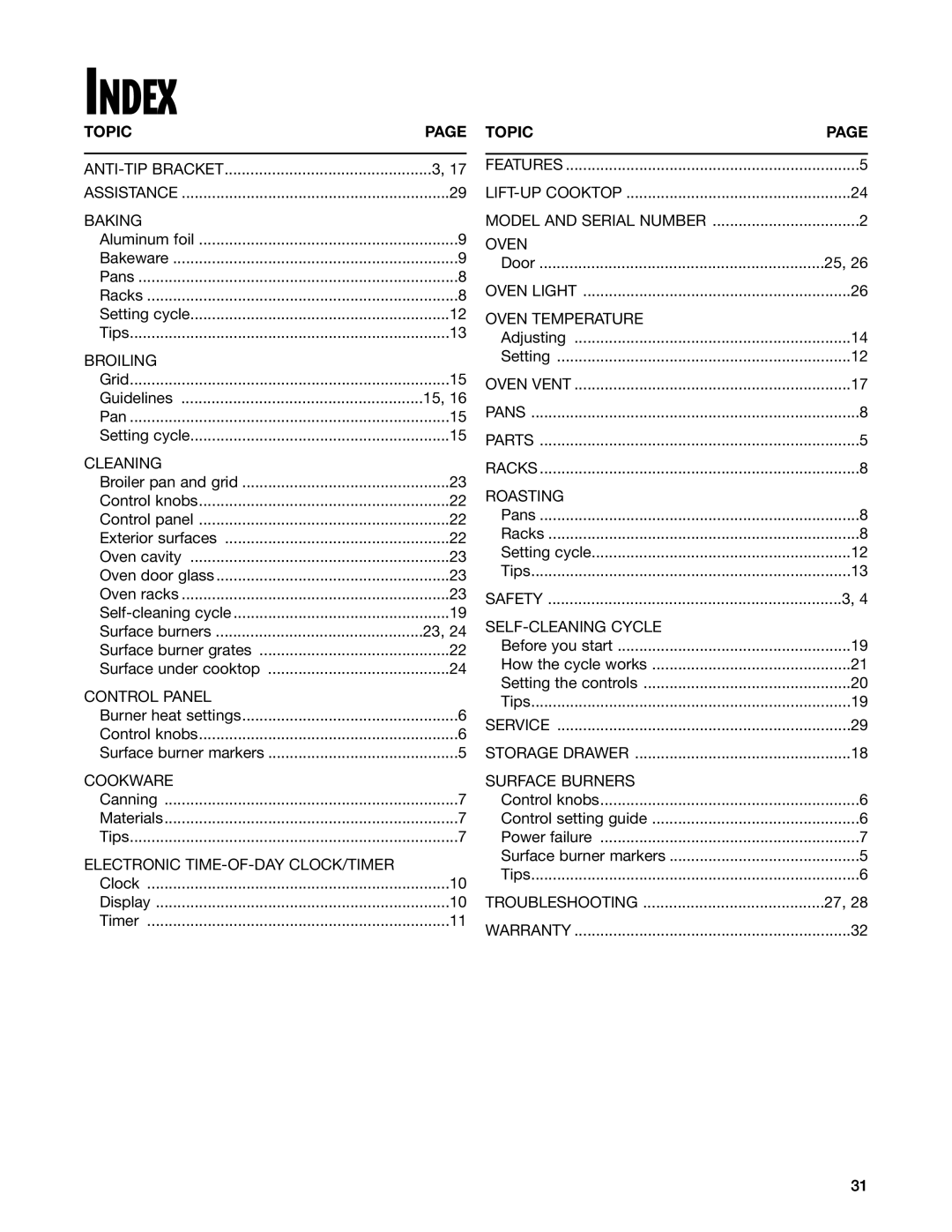 Whirlpool SF362BEG warranty Index, Topic 