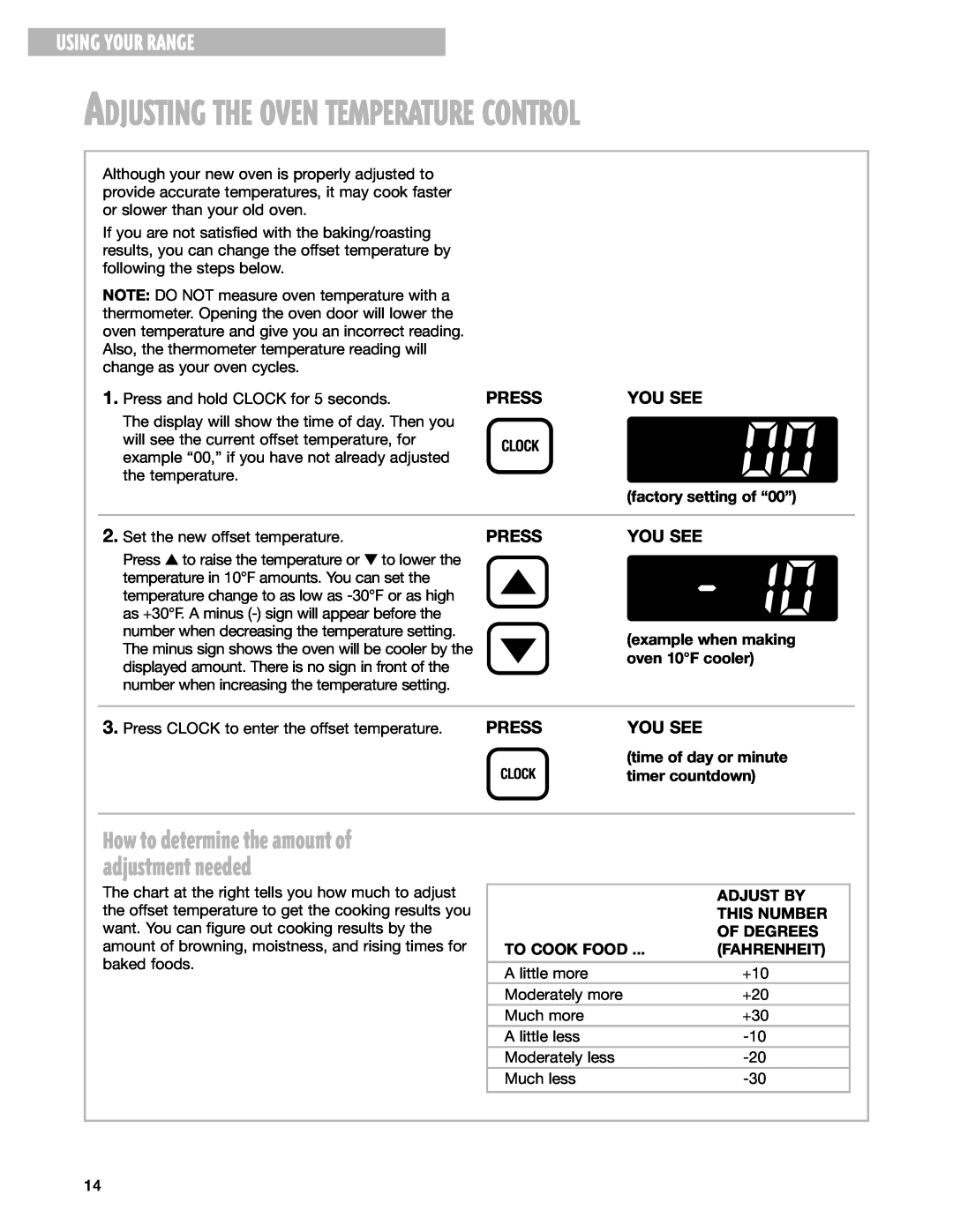 Whirlpool SF362BEG warranty Adjusting The Oven Temperature Control, Using Your Range, Press, You See 