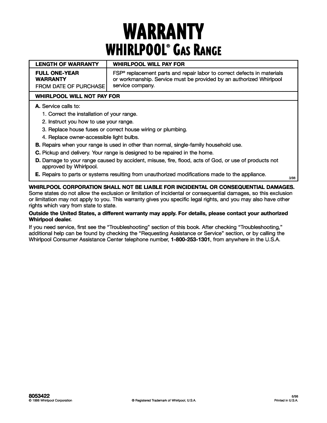 Whirlpool SF362BEG warranty Warranty, Whirlpool Gas Range 