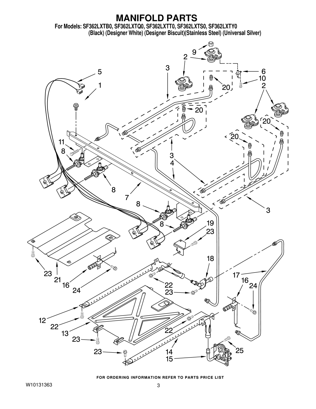 Whirlpool SF362LXTQ0, SF362LXTY0, SF362LXTB0, SF362LXTT0, SF362LXTS0 installation instructions Manifold Parts 