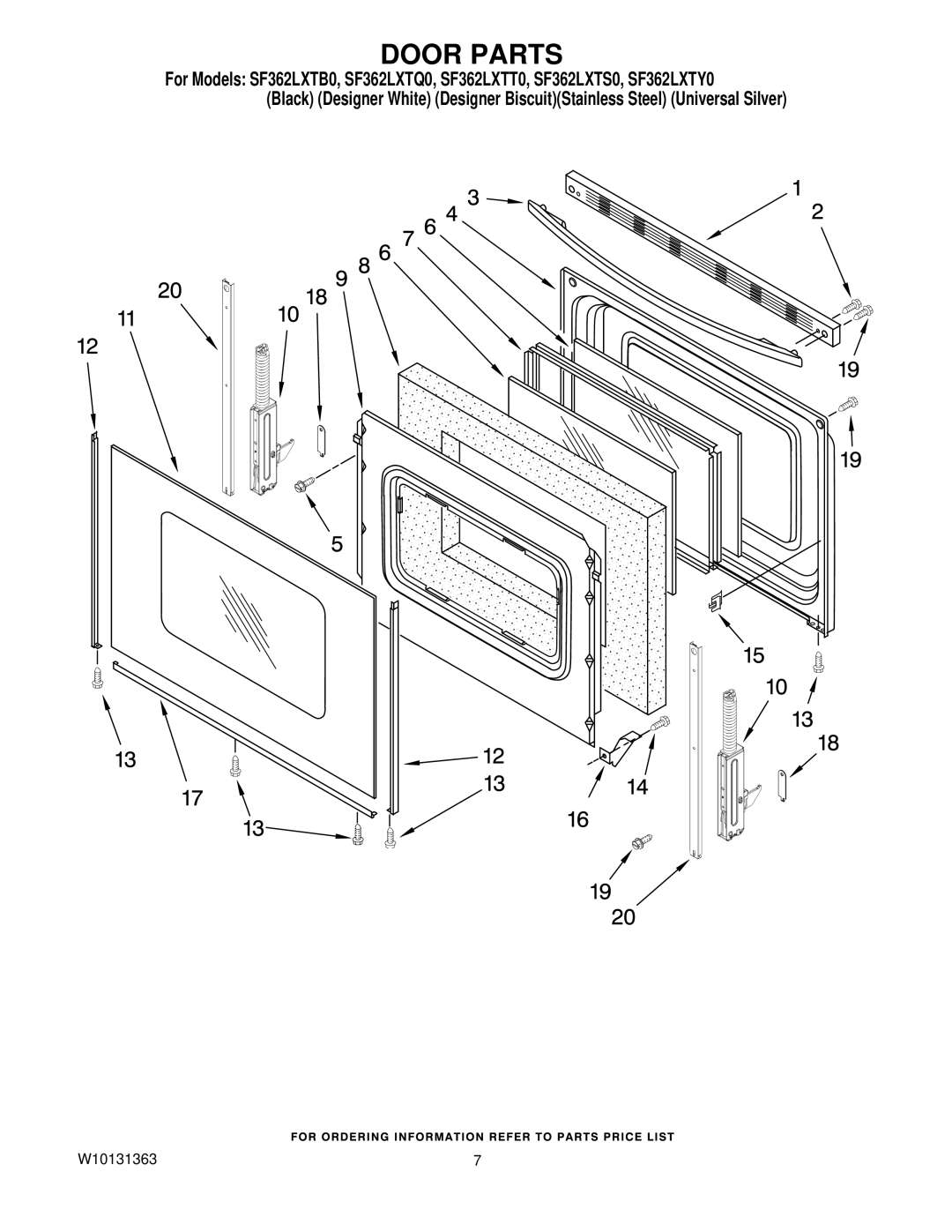 Whirlpool SF362LXTT0, SF362LXTY0, SF362LXTB0, SF362LXTQ0, SF362LXTS0 installation instructions Door Parts 