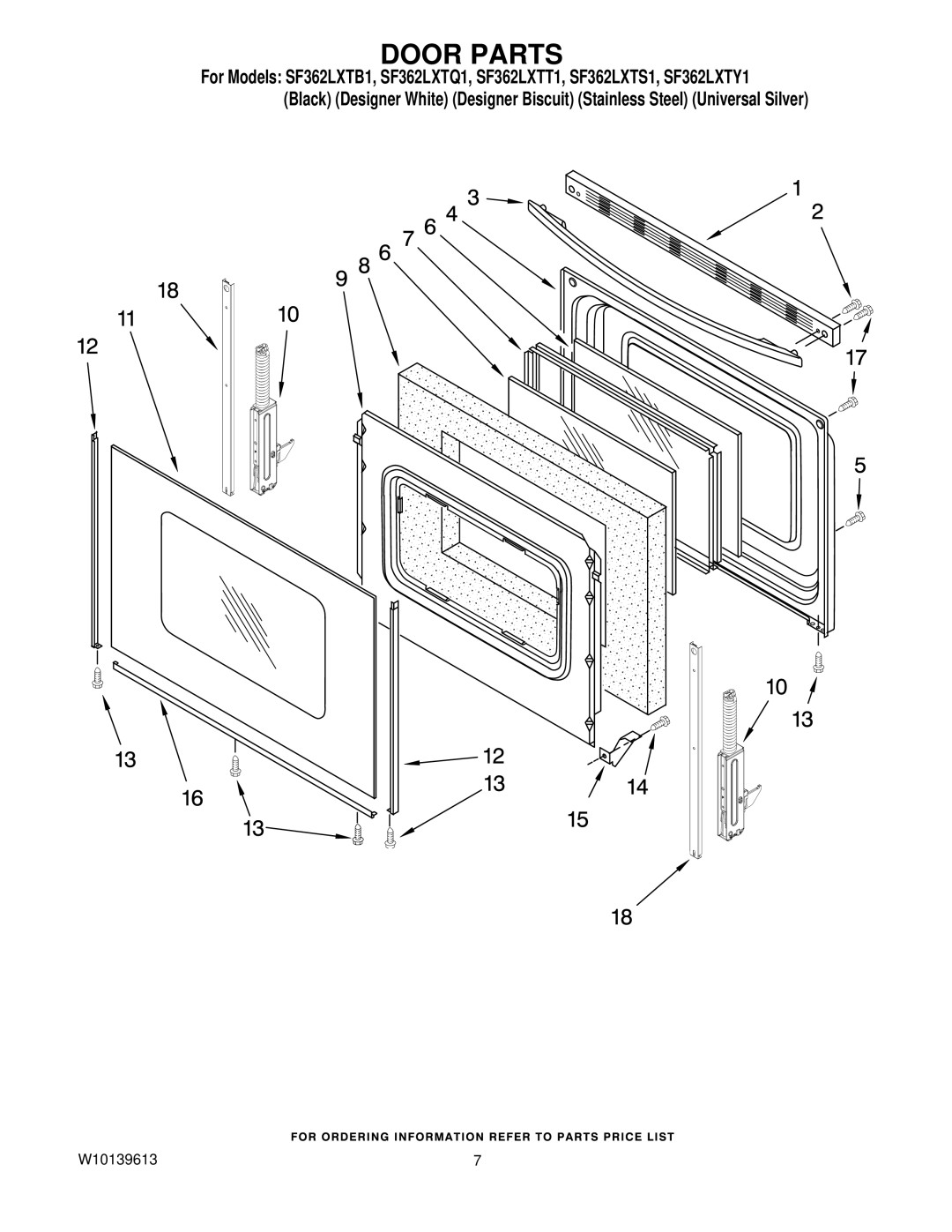 Whirlpool SF362LXTQ1, SF362LXTY1, sf362lxts 1, SF362LXTT1, SF362LXTB1 installation instructions Door Parts 