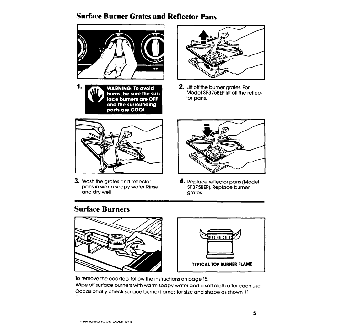 Whirlpool SF375BEP, SF365BEP manual Surface Burner Grates and Reflector Pans, Surface Burners 