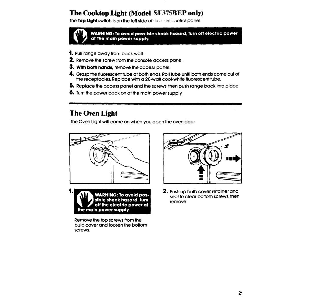 Whirlpool SF375BEP, SF365BEP manual Cooktop Light Model SF37fBEP only, Oven Light 