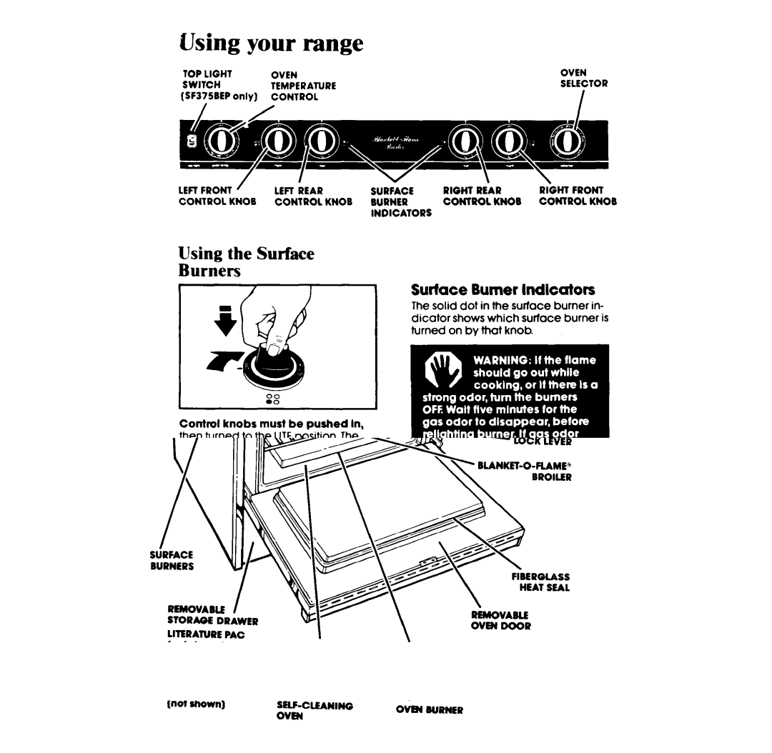 Whirlpool SF375BEP, SF365BEP manual Using your range, Using the Surface Burners, Case of a Prolonged Power Failure 