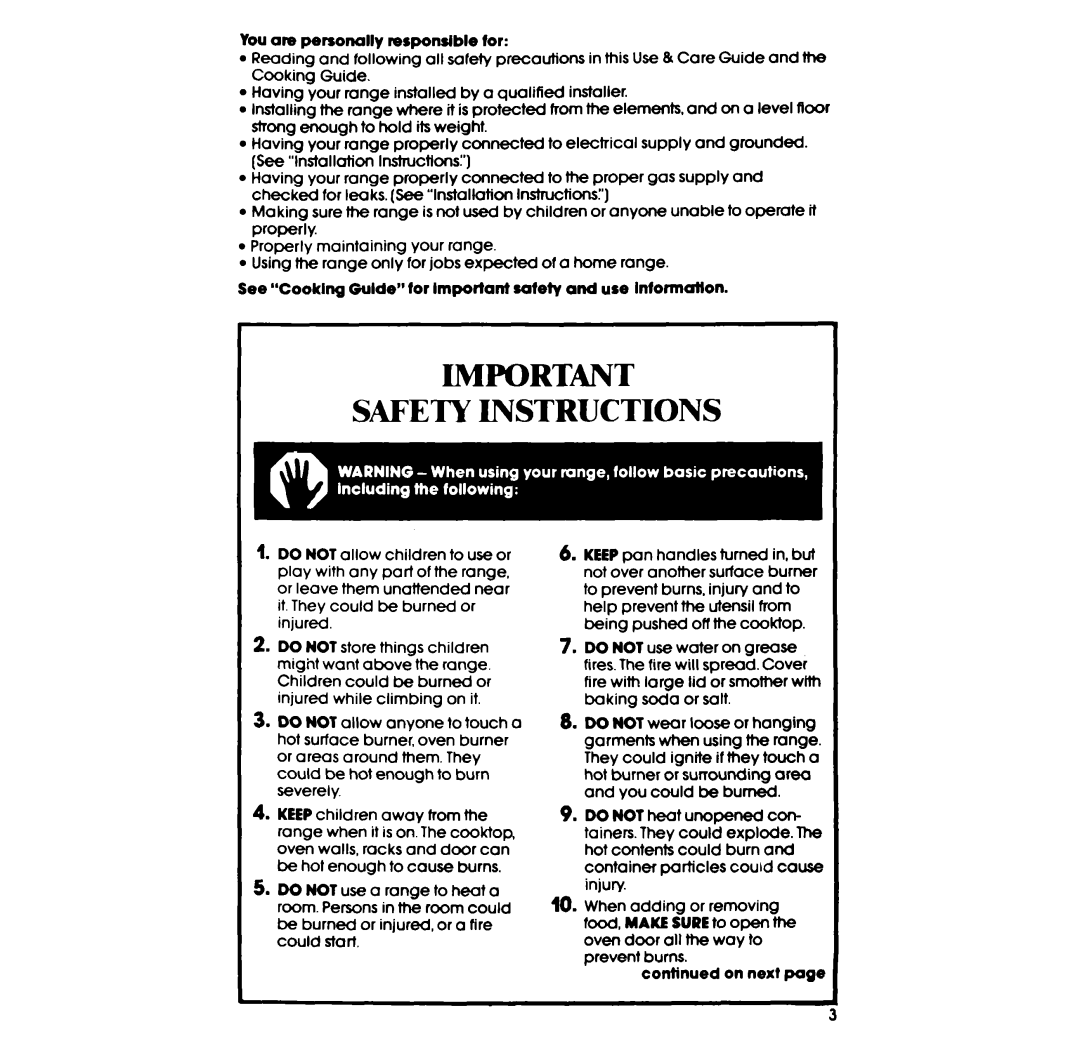 Whirlpool SF375BEP, SF365BEP manual DONOlheatunopenedcon, Safety Instructions 