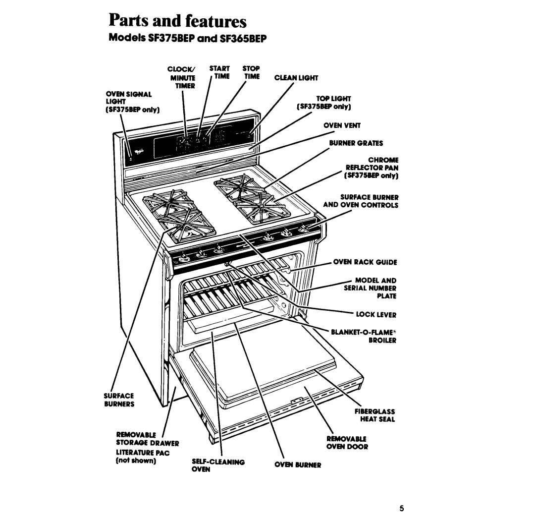 Whirlpool SF375BEP, SF365BEP manual Parts and features, Models SF375BEP and SF365BEP 