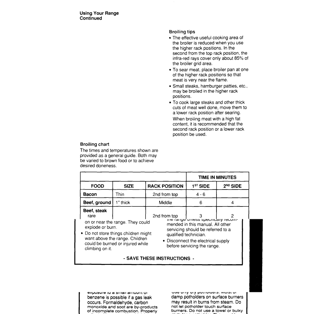 Whirlpool SF365BEW, SF370PEW manual Time Minutes Food Size 1RACK Position 