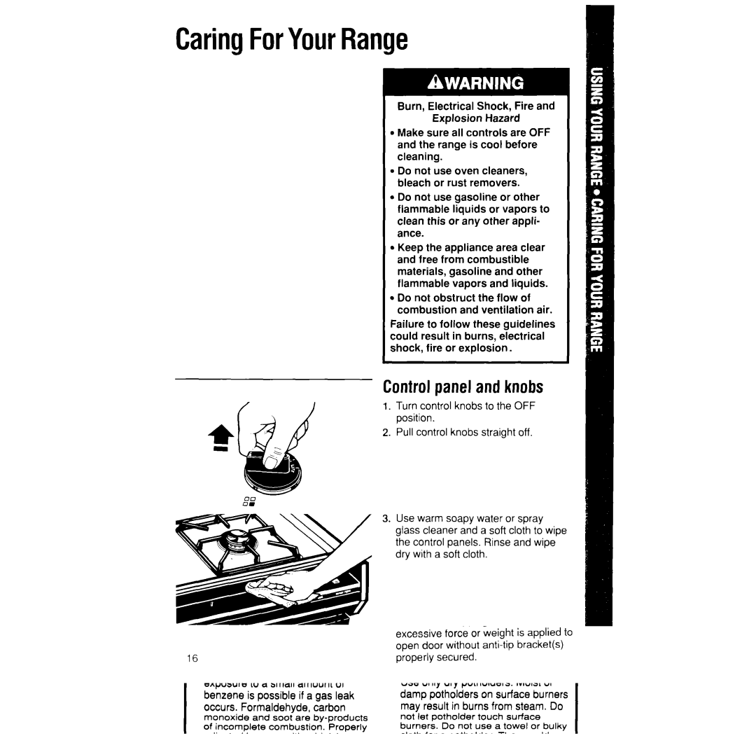 Whirlpool SF370PEW, SF365BEW manual CaringForYourRange, Fbontrol panel and knobs 