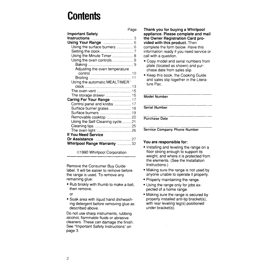 Whirlpool SF365BEW, SF370PEW manual Contents 