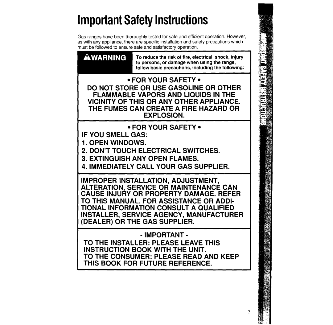 Whirlpool SF370PEW, SF365BEW manual ImportantSafetyInstructions 