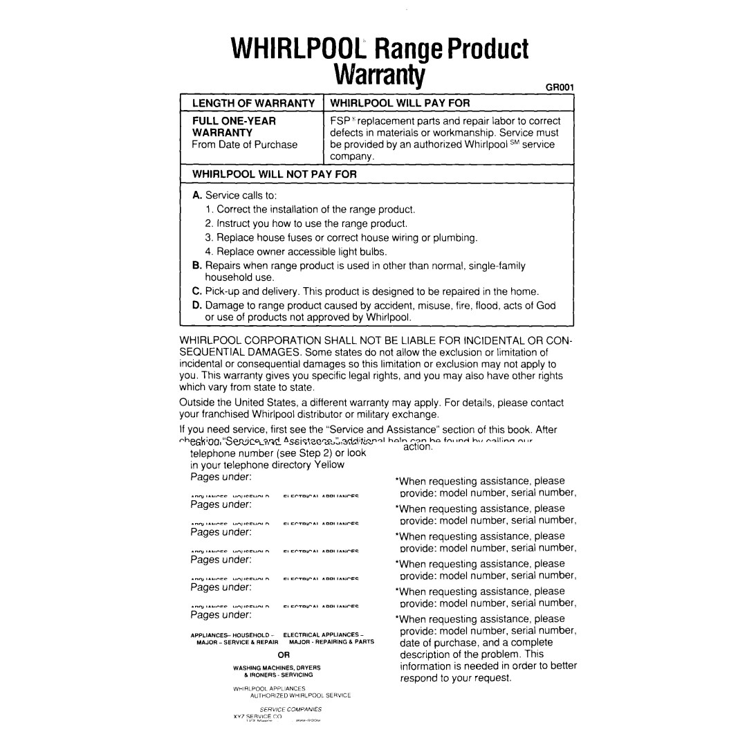 Whirlpool SF365BEW, SF370PEW manual WHIRLPOOLRangeProduct Warranty, Whirlpool will PAY for 