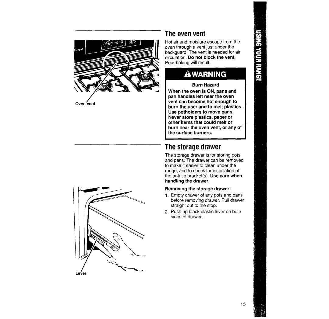 Whirlpool SF370PEW, SF365BEW manual The oven vent, The storage drawer 
