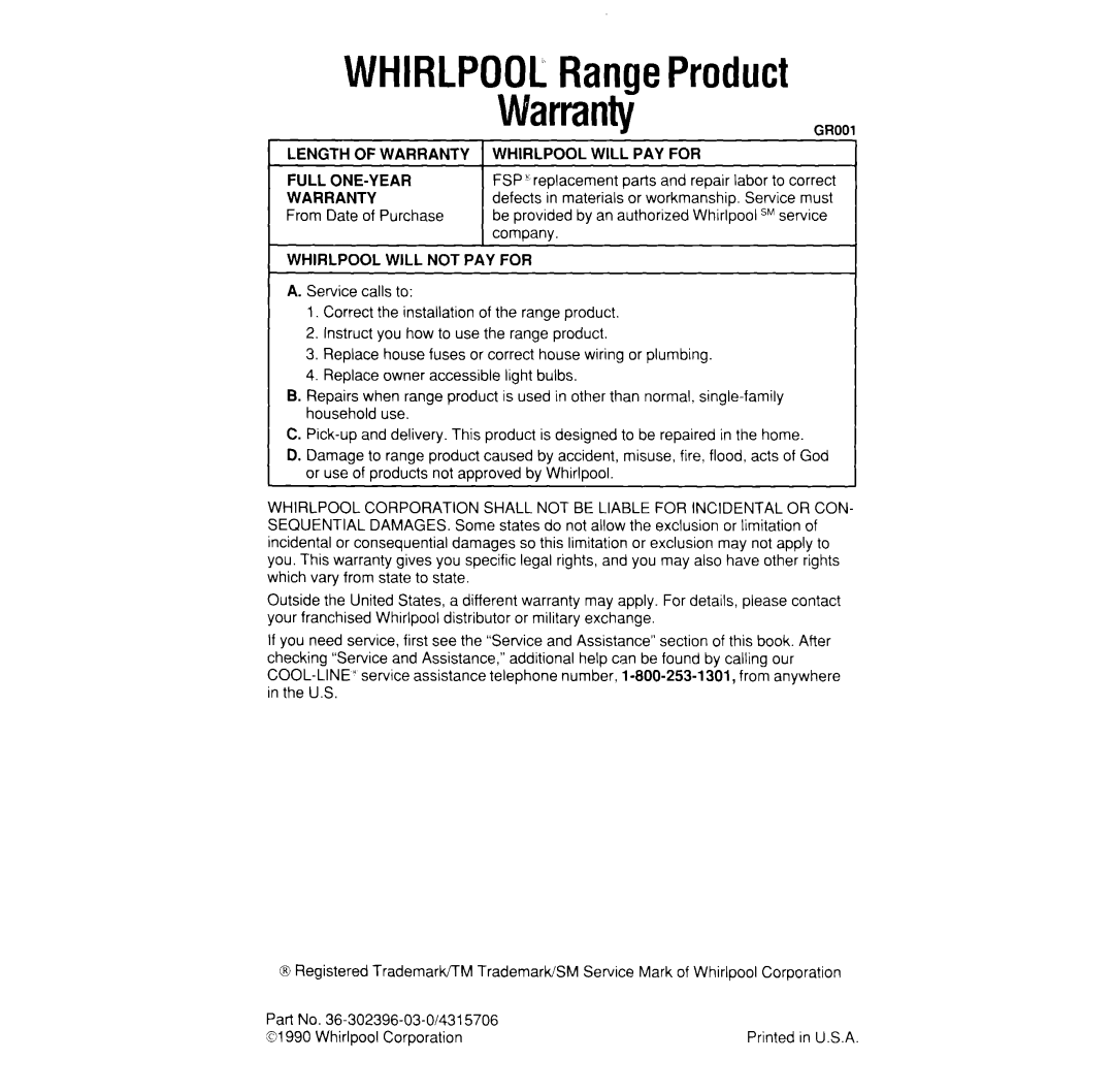 Whirlpool SF365BEW, SF370PEW manual WHIRLPOOLRangeProduct Warranty 