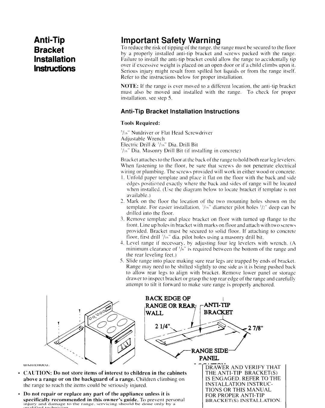 Whirlpool SF365BEXN0 manual Anti-Tip Bracket Installation Imons, Anti-Tip Bracket Installation Instructions 