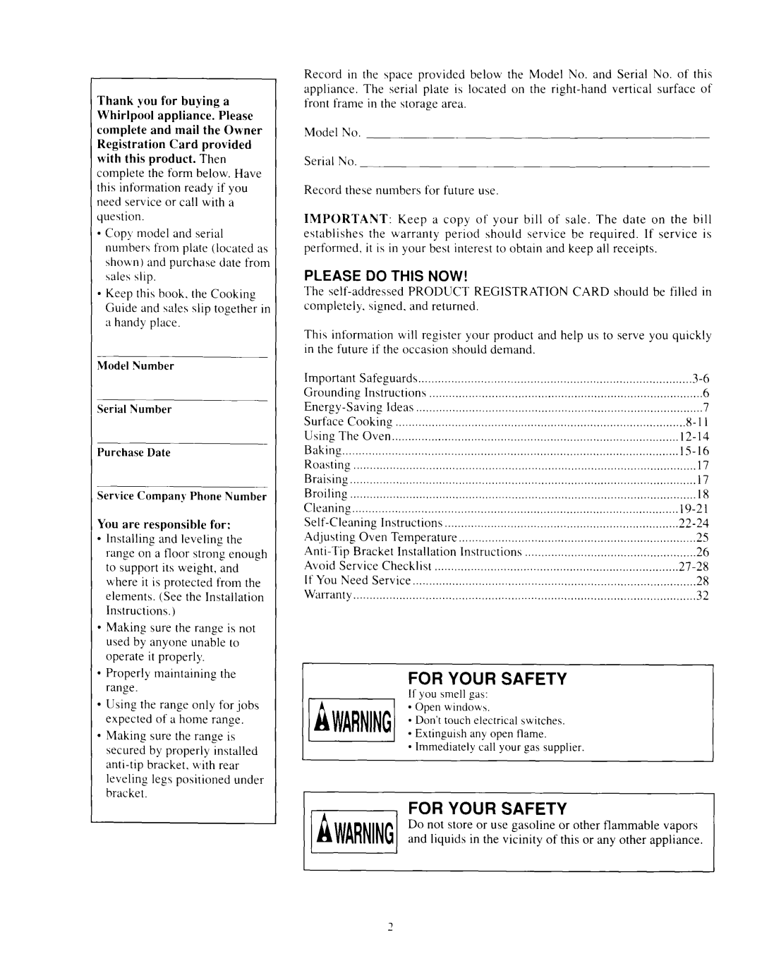 Whirlpool SF365BEXN0 manual For Your Safety, Please Do This Now 