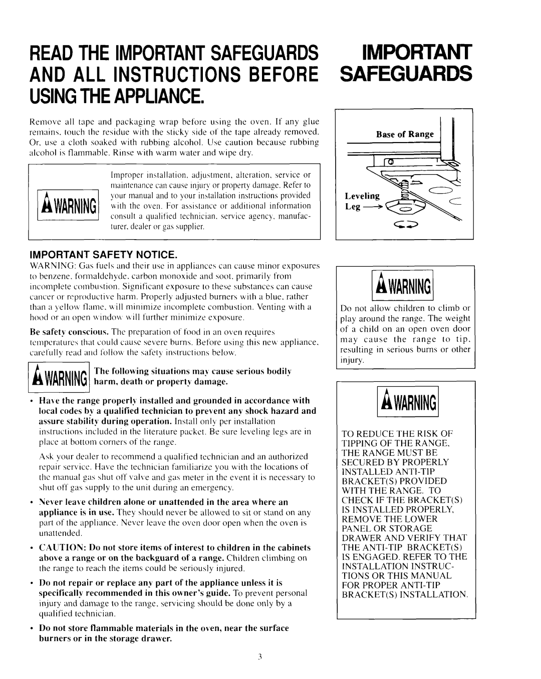 Whirlpool SF365BEXN0 manual Important Safety Notice 