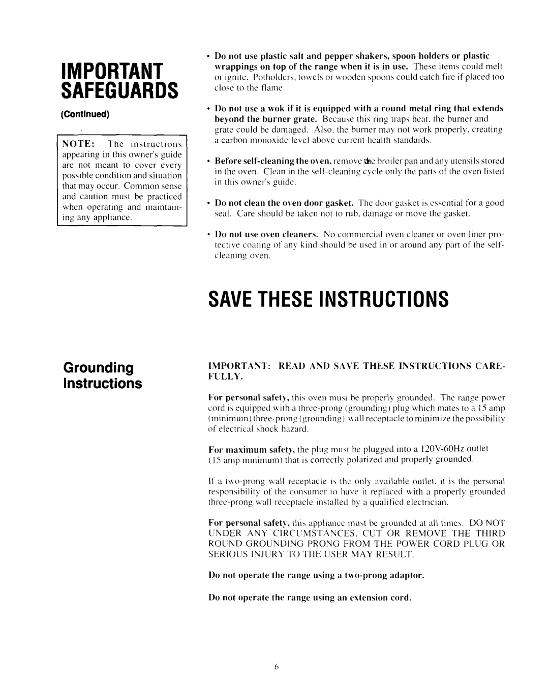 Whirlpool SF365BEXN0 manual Grounding Instructions, Savetheseinstructions, Important Safeguards 