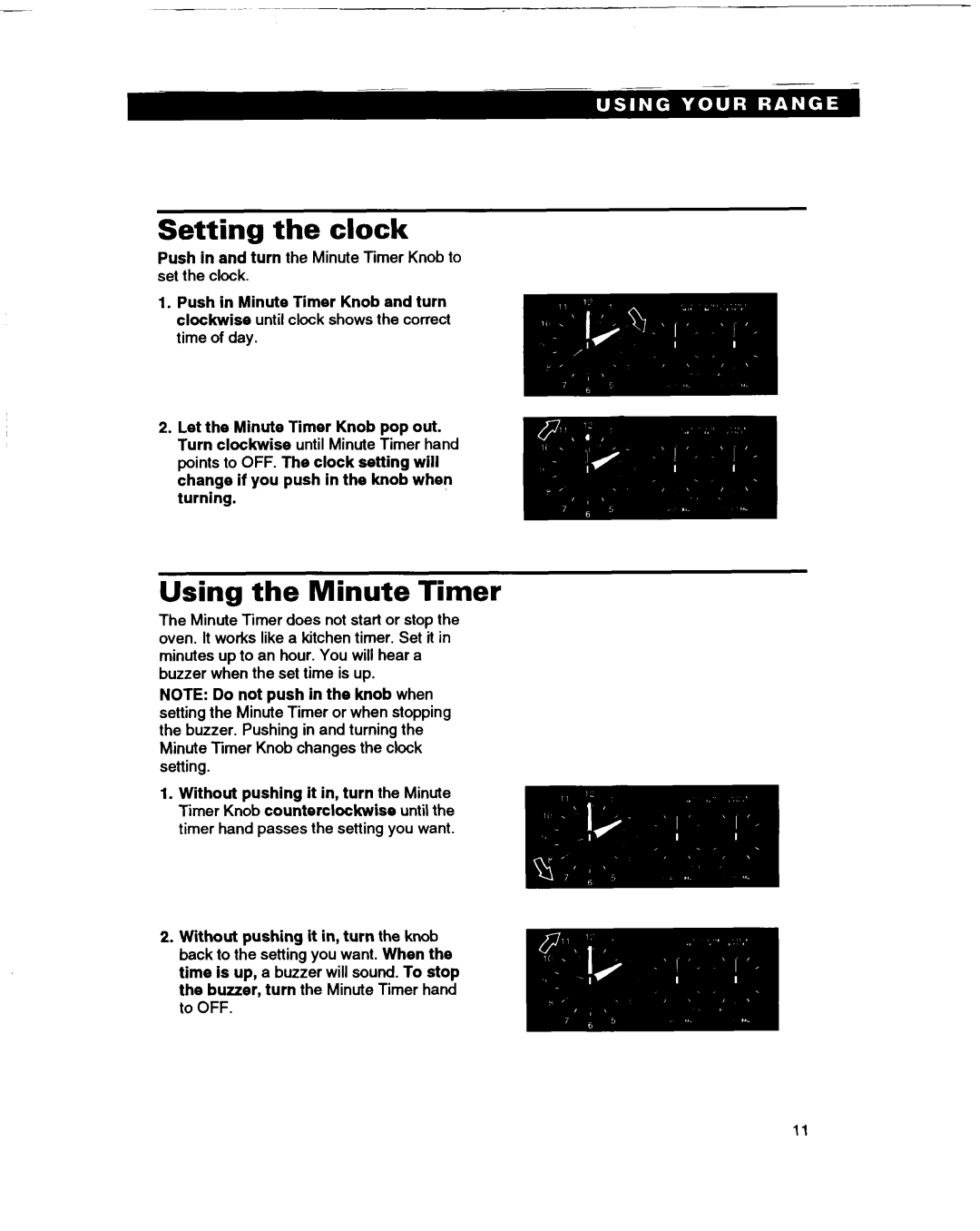 Whirlpool SF365BEY warranty Setting the clock, Using the Minute Timer 