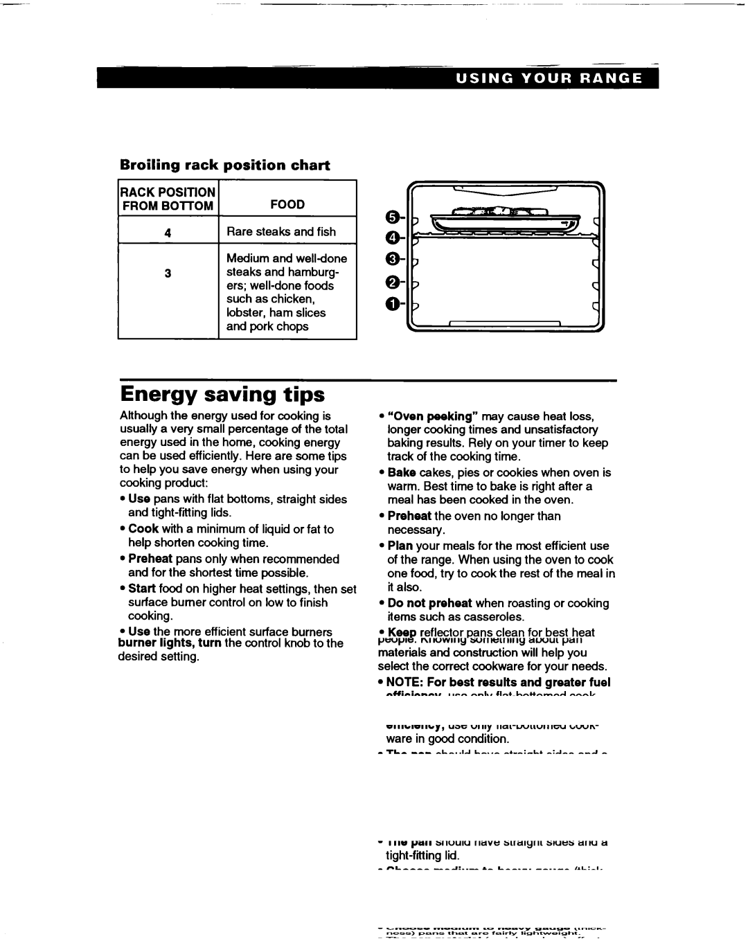 Whirlpool SF365BEY warranty Energy saving tips, Broiling rack position chart, Rack Position Food 