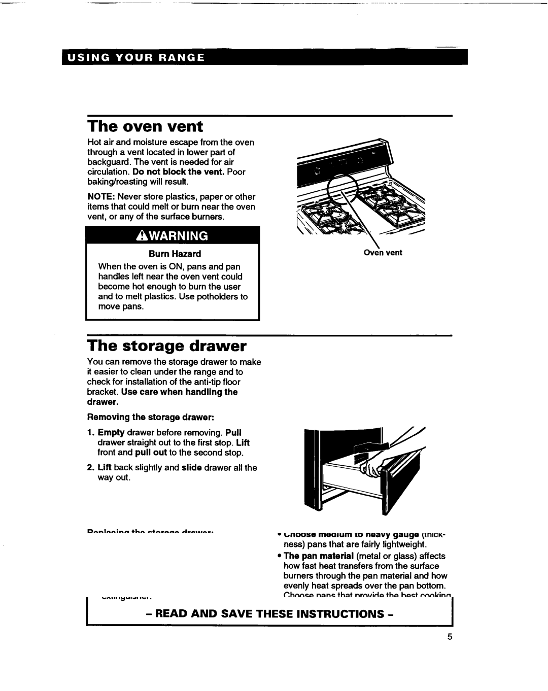 Whirlpool SF365BEY warranty Oven vent, Storage drawer, Burn Hazard, Drawer Removing the storage drawer 