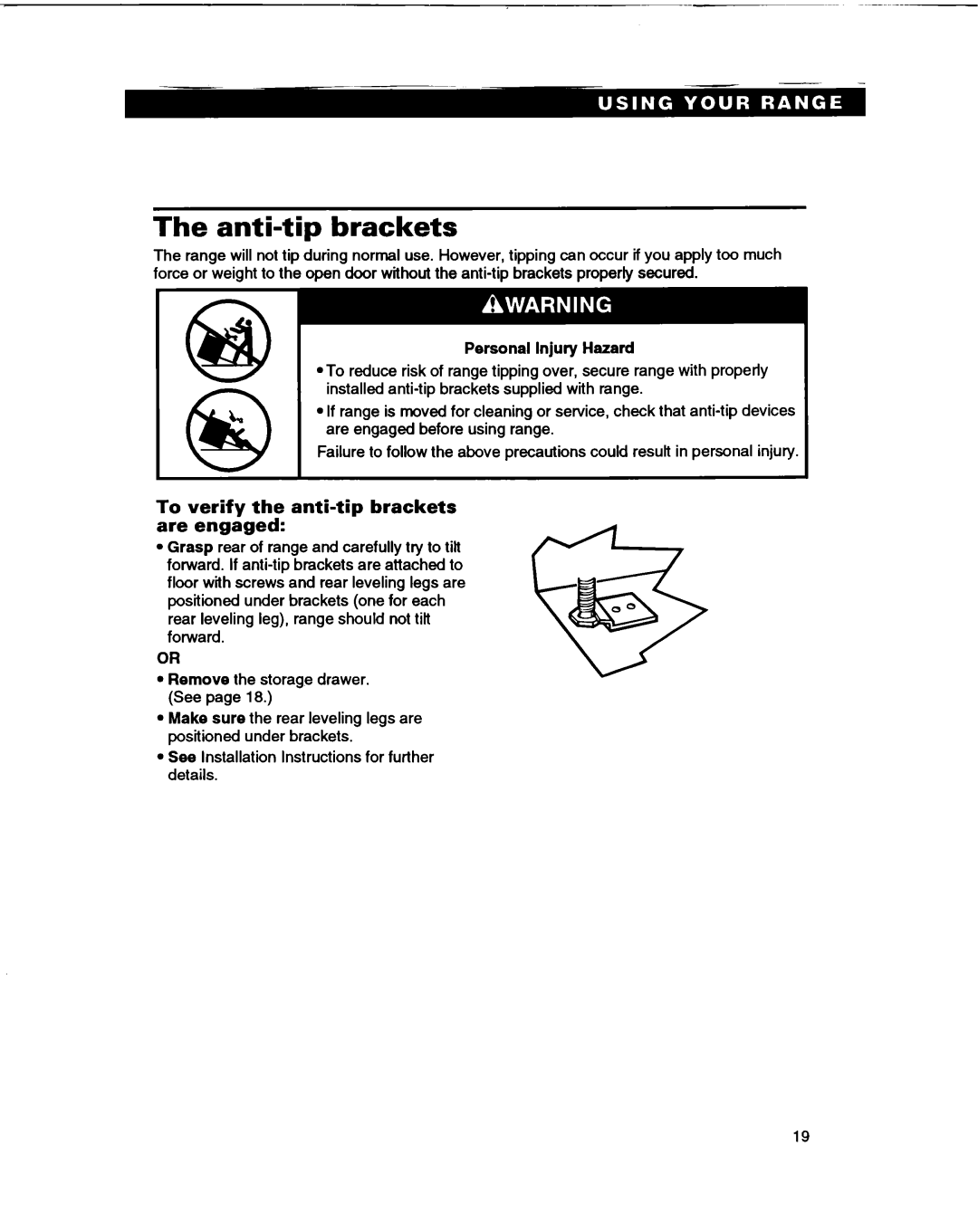 Whirlpool SF365BEY warranty Anti-tip brackets, To verify the anti-tip brackets are engaged 