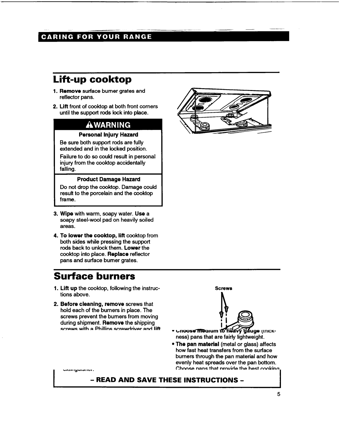 Whirlpool SF365BEY warranty Lift-up cooktop, Surface burners 