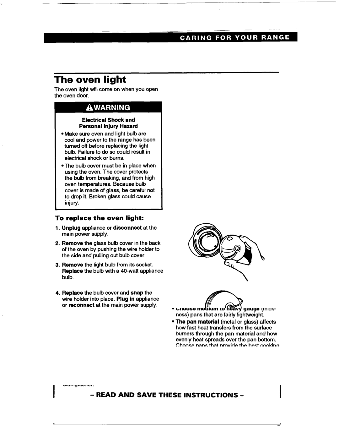 Whirlpool SF365BEY warranty Oven light, To replace the oven light, Electrical Shock Personal Injury Hazard 