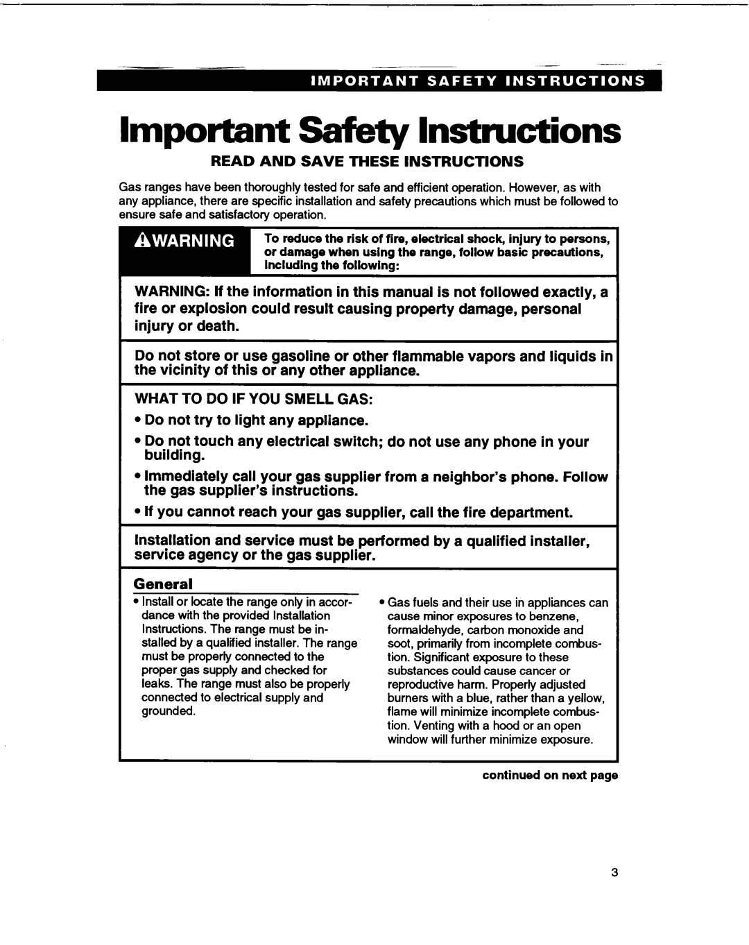 Whirlpool SF365BEY warranty Important Safety Instructions, General, On next 